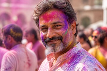 Obraz premium Middle aged man smiling covered in color powders at holi celebration