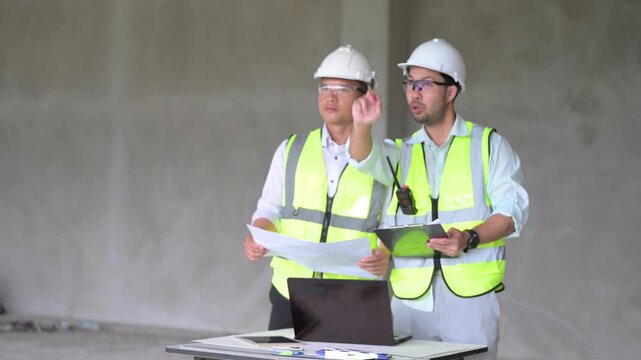 Three professional Asian male engineers and architects collaborate on a construction site, reviewing building blueprints and discussing structural planning for an upcoming commercial real estate proje