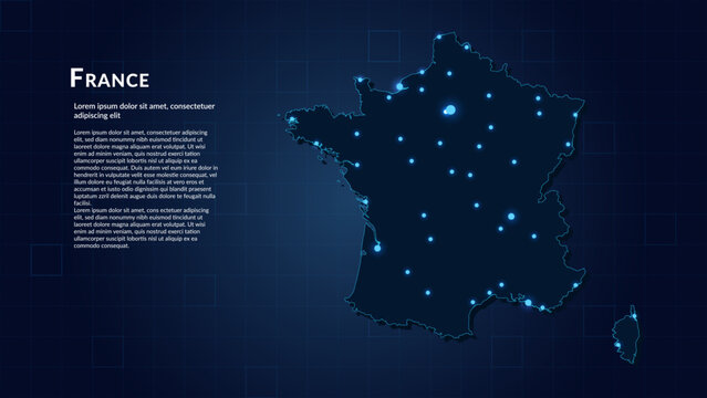 Map of France. Neon lights on dark background highlighting the major cities.