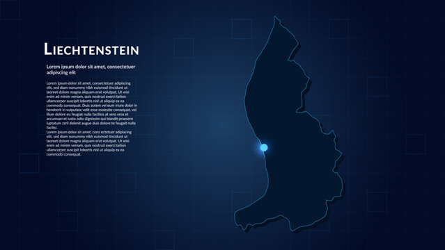 Map of Liechtenstein. Neon lights on dark background highlighting the major cities.