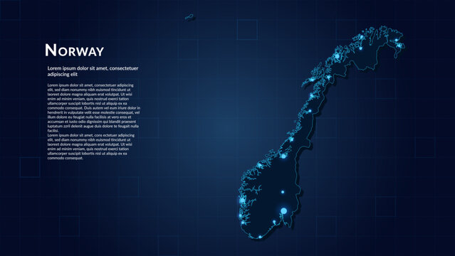 Map of Norway. Neon lights on dark background highlighting the major cities.