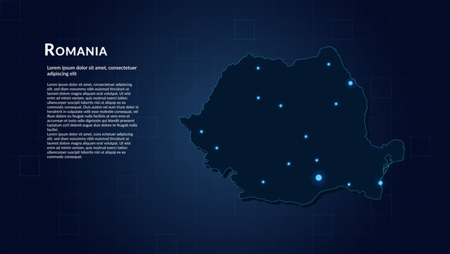 Map of Romania. Neon lights on dark background highlighting the major cities.