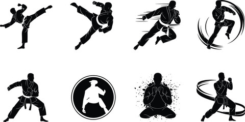 Martial arts silhouette vector set with karate kicks, punches, defensive stances, meditation, and circular emblem designs © MdMahabur