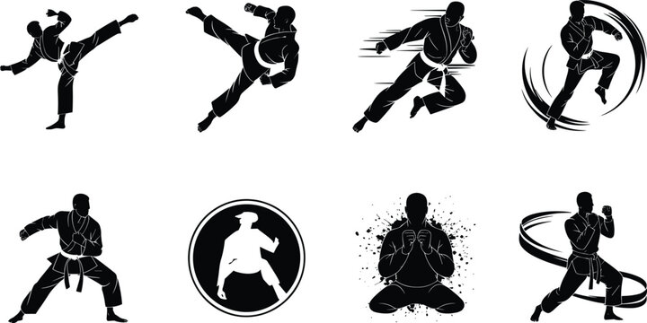 Martial arts silhouette vector set with karate kicks, punches, defensive stances, meditation, and circular emblem designs