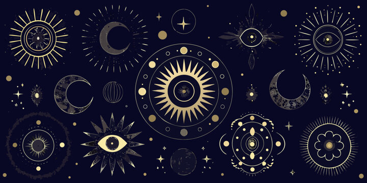 celestial symbols on dark background sun moon