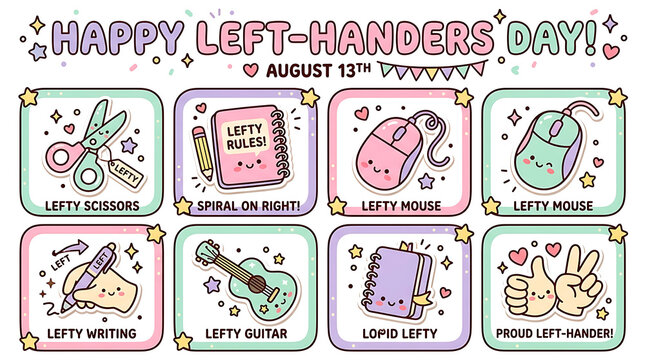 Happy left-handers day infographic set with cute doodle illustrations, awareness