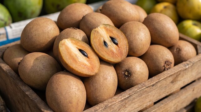Fresh sapodilla fruits on rustic wooden table