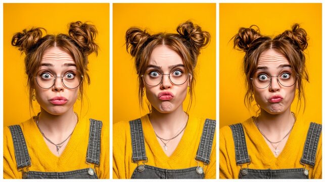 Vertical collage of impressed girl on creative background 