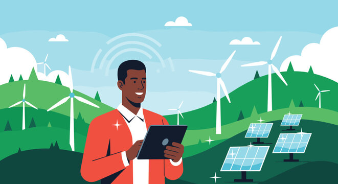 Professional man using a digital tablet while standing in front of a landscape with wind turbines and solar panels for green energy.