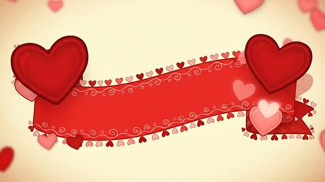 A decorative red ribbon banner adorned with many floating hearts on a light background