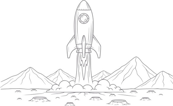 Cartoon rocket launching from a cratered planet with mountains in background