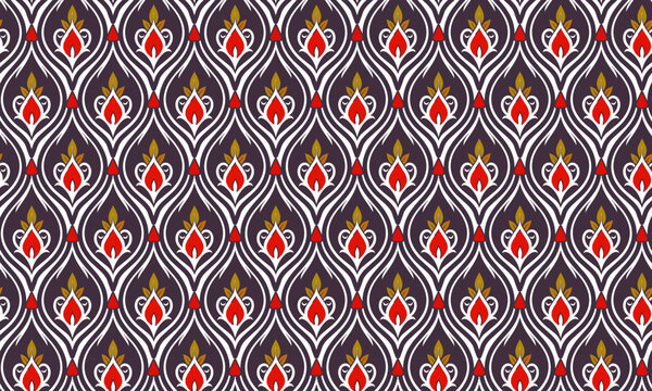 Seamless dark traditional ogee damask vector pattern with red floral motif