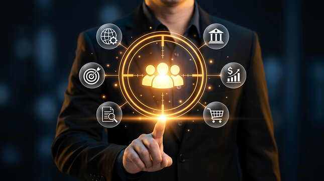 Businessman pointing at glowing virtual target audience circle button with financial icons
