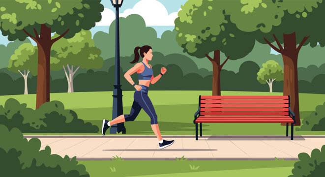 Active young woman jogging along a paved path in a beautiful green park on a sunny day with trees and a red bench in view.