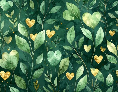 Delicate Green Leafy Branches with Golden Heart Shapes on Dark Teal Background