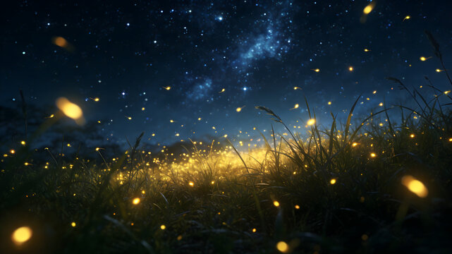 Glowing fireflies in tall grass under starry night sky