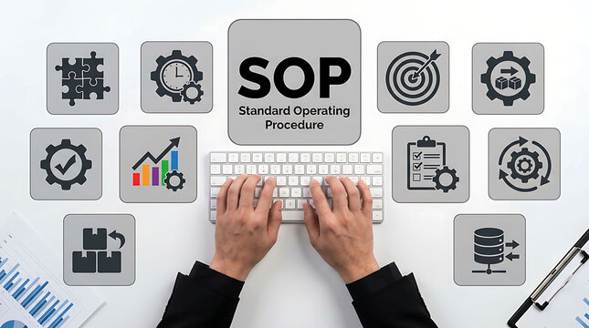 Top view of businessman typing on keyboard with SOP flat design icons
