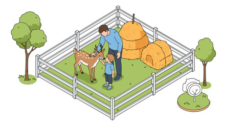 Naklejka premium Isometric view of a man and a young boy feeding a deer inside a fenced farm enclosure near some large haystacks and green trees.