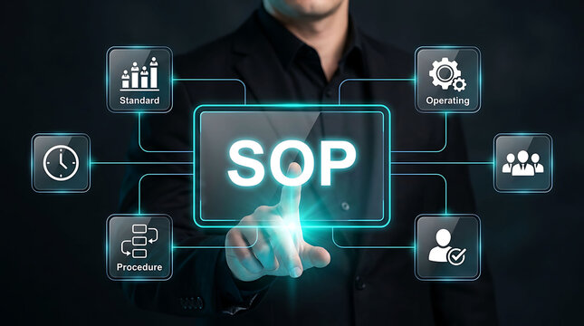 Businessman presenting virtual SOP globe network with standard corporate process icons