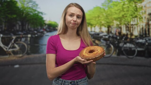 Woman holding cake with hands on street bridge by canal, shrugging with closed eyes and uncertain expression while presenting the pastry; disappointment doubt.