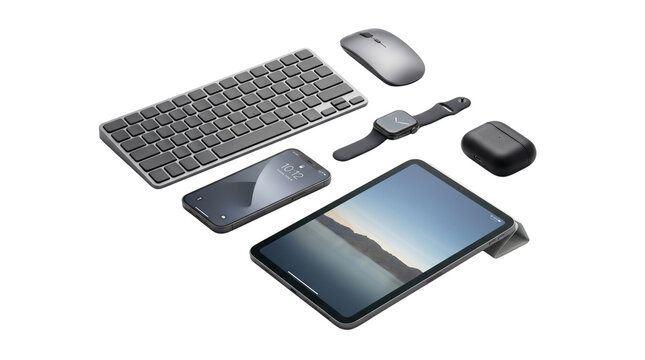 Modern dark gray electronics set, professional workspace gadgets including tablet and smartphone, sleek wireless computer peripherals and accessories isolated PNG with Transparent Background