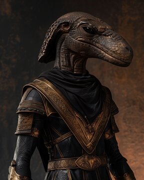 Mythical reptilian character in ornate ceremonial attire. AI-generated.