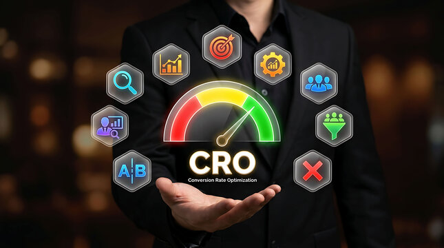 Businessman holding virtual CRO dashboard speedometer and marketing hexagon icons