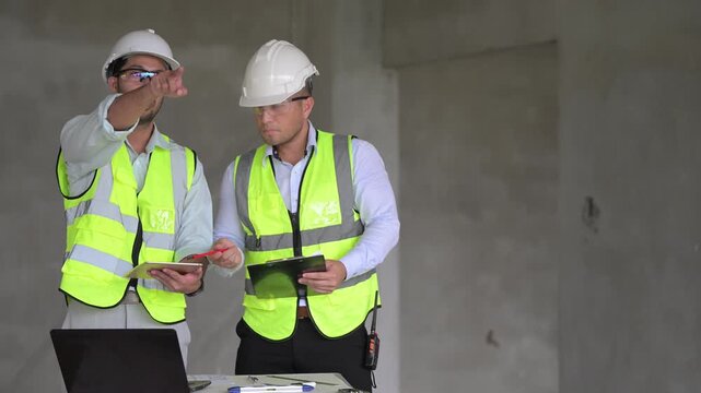 Three professional Asian male engineers and architects collaborate on a construction site, reviewing building blueprints and discussing structural planning for an upcoming commercial real estate proje