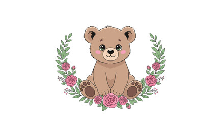 Obraz premium Adorable brown teddy bear sitting inside a delicate wreath of pink roses and green leaves on a clean white background.