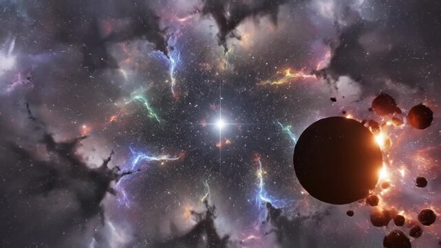 Supernova explosion in space with stars and planets around it 4k video