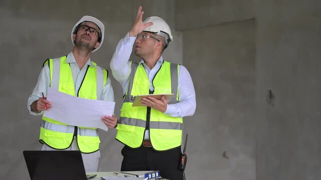 Three professional Asian male engineers and architects collaborate on a construction site, reviewing building blueprints and discussing structural planning for an upcoming commercial real estate proje