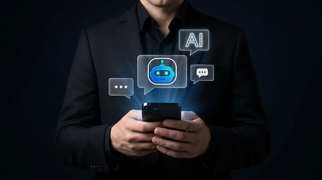 Businessman using smartphone AI chatbot virtual assistant concept for customer service