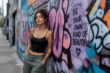 Naklejka premium Woman leaning against graffiti wall in urban street alleyway