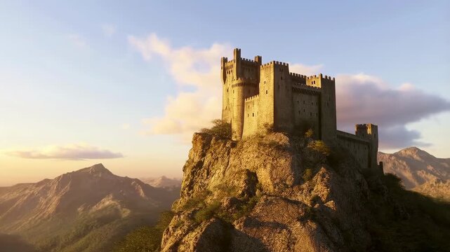 Majestic medieval castle perched on a rocky mountain at sunset. A symbol of history, strength, and architectural grandeur in a breathtaking landscape
