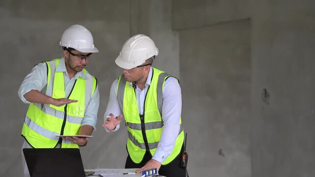 Three professional Asian male engineers and architects collaborate on a construction site, reviewing building blueprints and discussing structural planning for an upcoming commercial real estate proje