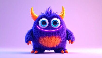 Naklejka premium Adorable Furry Monster with Horns and Big Eyes on a Purple Background.
