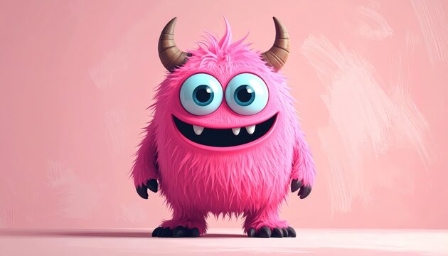 Adorable Pink Monster with Horns and Big Eyes Smiling on Pink Background.