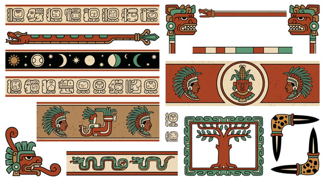 Mayan Codex Dresden Glyphs Border Frame Vector Set with Glyph Cartouche Serpent Bar Sky Band Chac Rain God Corn Maize Ceiba and Heritage Design