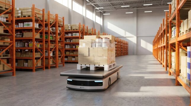 An automated guided vehicle (AGV) carrying a pallet of boxes moves through a warehouse aisle with tall shelves on both sides. The AGV has a sleek, modern design, and the warehouse is brightly lit.