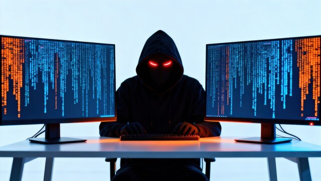 Hacker with glowing eyes at computer