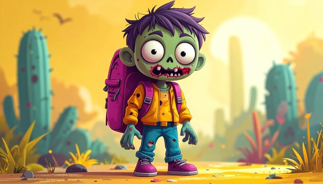 Cartoon Zombie Kid with Backpack in Desert Landscape, Illustration for Halloween.