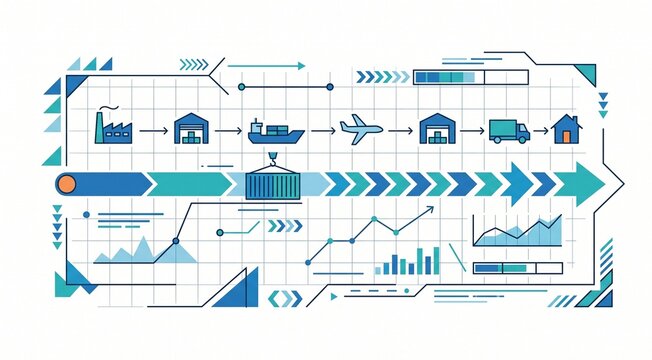 Minimalist flat vector artwork representing real-time parcel delivery tracking and shipping transit progress charts on a white background