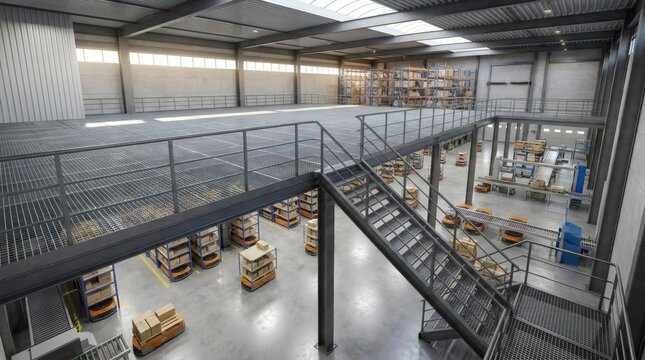 A modern industrial warehouse with a mezzanine level, storage racks filled with boxes, and a forklift in the background, suggesting efficient logistics and distribution