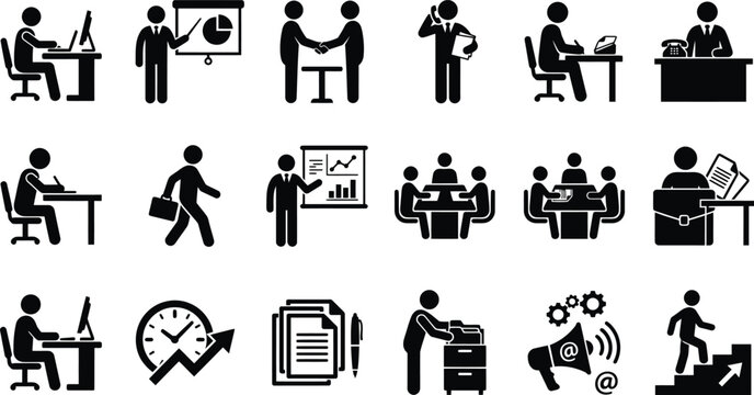 Business Icons Set: Office Work, Meetings, Success, Strategy, Teamwork, Technology