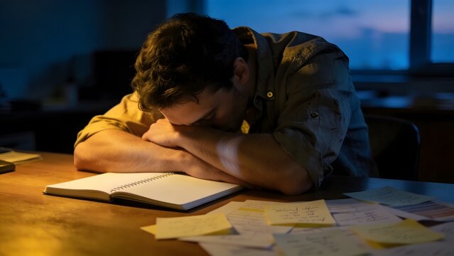 Exhausted man sleeping on his desk late at night surrounded by notes and an open notebook. Concept of extreme fatigue, burnout, overwork, and academic or professional stress in a dark room