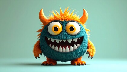 Fototapeta premium Cute Cartoon Monster with Big Eyes and Sharp Teeth, Smiling and Happy.