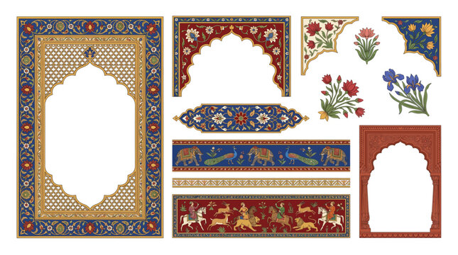 Mughal Indian Miniature Painting Decorative Border Frame Vector Set with Floral Jali Lattice Arch Lotus Peacock Elephant and Royal Design