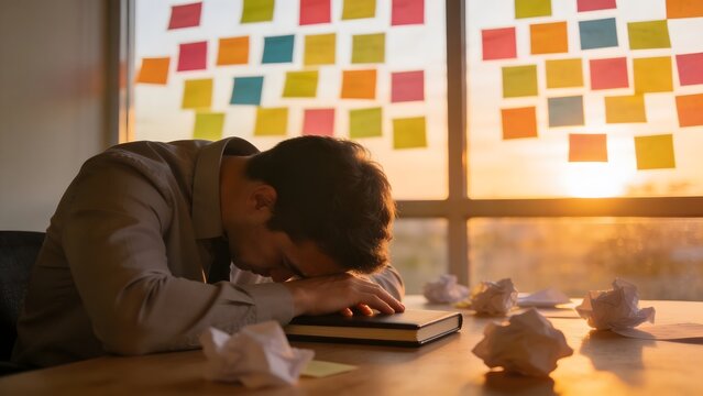 Exhausted office worker leaning on a desk during sunset with colorful sticky notes on the window. Concept of professional burnout, mental fatigue, deadline pressure, and creative block in a workspace.