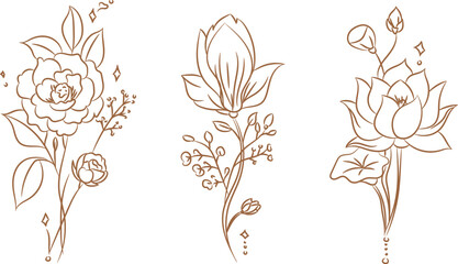 Elegant Brown Floral Line Art Bouquet Set © Randa