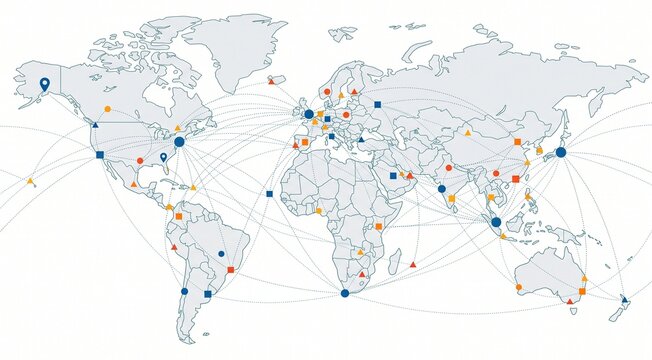 Clean flat vector concept of a global supply chain logistics network and international trade distribution routes on a white background